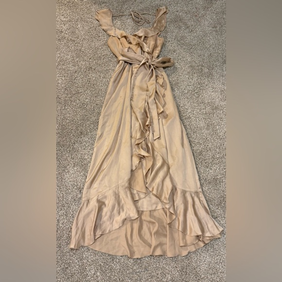 Show Me Your Mumu Samantha Ruffle Wrap Dress | XSmall | Champagne Luxe Satin - Picture 4 of 8